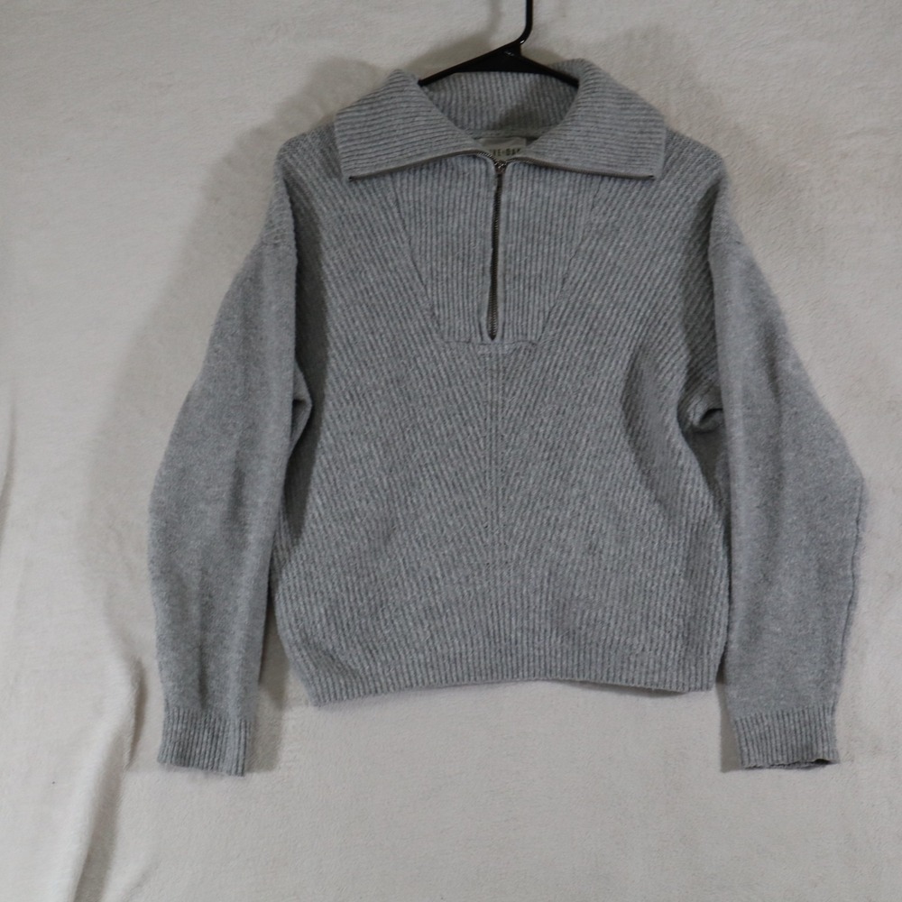 Olive + Oak Womens XS Heather Gray 1/4 Zip Chunky Rib Knit Sweater Big Collar